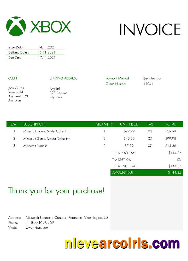 USA Xbox invoice